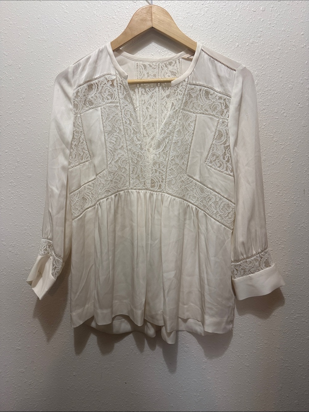 Rebecca Taylor Ivory Lace-Paneled Long Sleeve Women's Top, Size 6